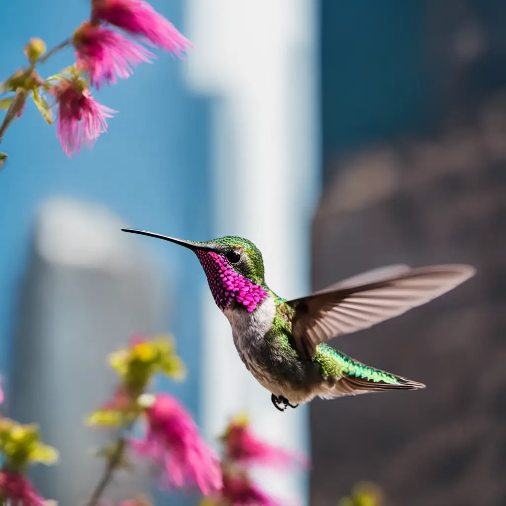 An image capturing the vibrant plumage of Anna's Hummingbird as it gracefully hovers mid-air, with radiant flashes of iridescent green and pink feathers glinting in the soft sunlight against a backdrop of New York's iconic skyline