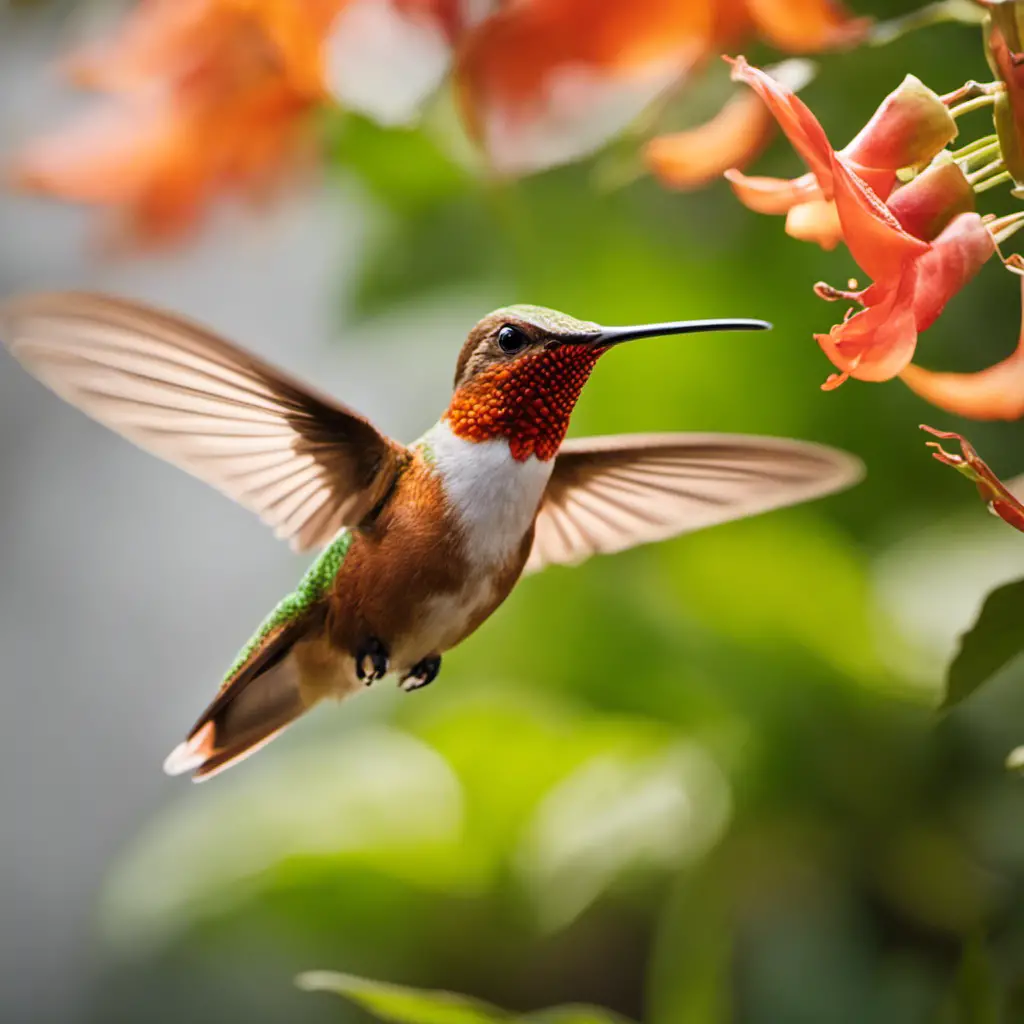 An image capturing the vibrant beauty of a Rufous Hummingbird in New York's urban oasis, showcasing its fiery orange feathers glimmering under the sun as it hovers mid-air near a blooming trumpet vine