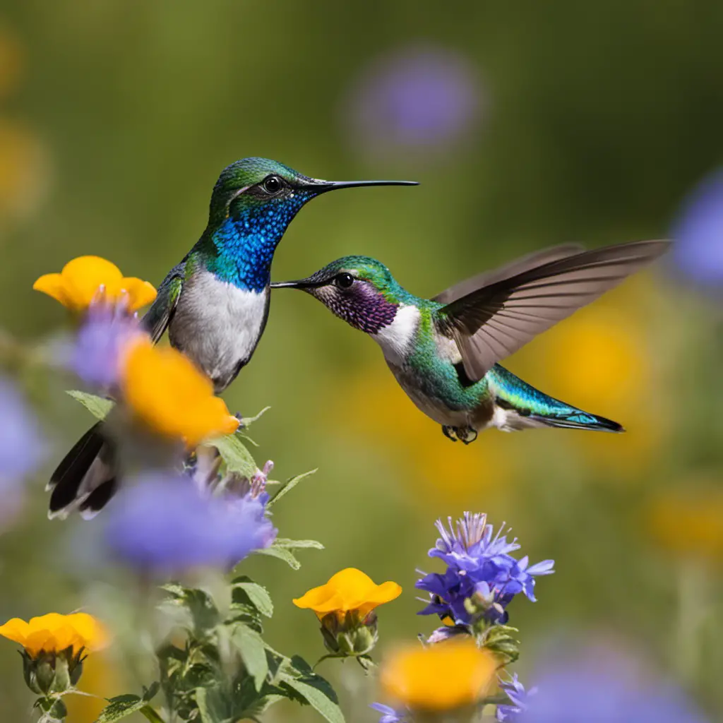  the enchanting allure of the rare Blue-throated hummingbird with an image of its iridescent azure plumage, delicately hovering mid-air amidst vibrant Texas wildflowers, evoking the spirit of this elusive Texan treasure