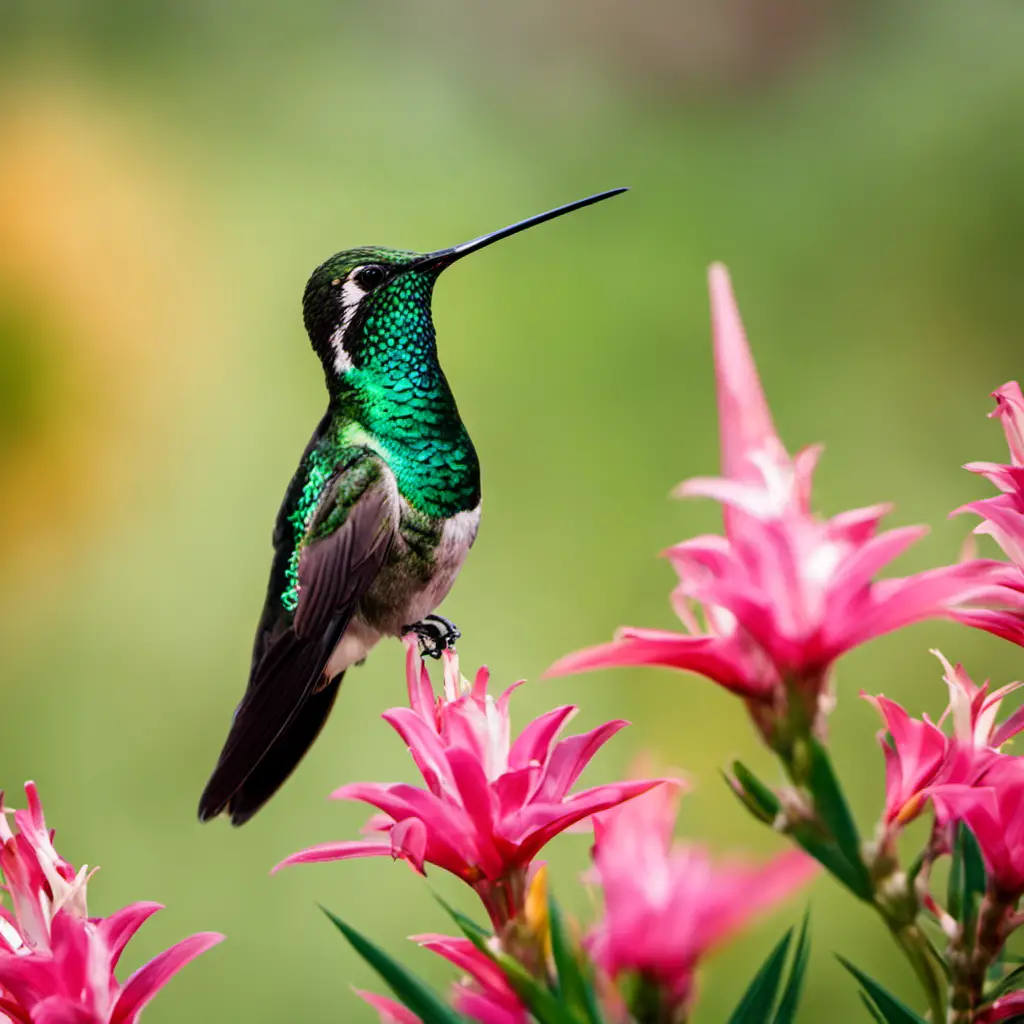 An image capturing the vibrant plumage of a Magnificent hummingbird in Texas, showcasing its iridescent emerald green back, long, curved bill, and contrasting white throat, as it hovers mid-air near a blooming red yucca plant