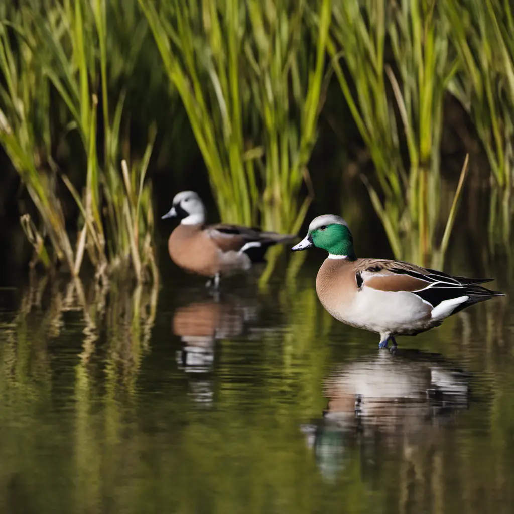 An image capturing the vibrant beauty of American Wigeons in their natural habitat, showcasing their striking white forehead patches, pale blue bills, and intricate black and white plumage, amidst the serene Illinois wetlands