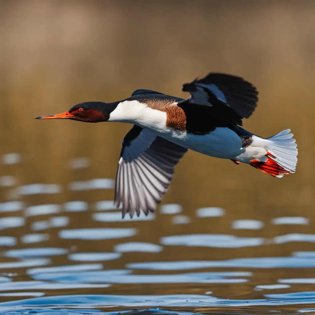 An image capturing the graceful flight of a Red-breasted Merganser in Illinois
