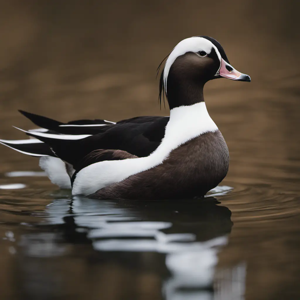 An image capturing the elegance of a Long-tailed Duck in Illinois, showcasing its slender black body, distinctive long tail feathers, and intricate white facial markings against a serene backdrop of the state's serene waterways