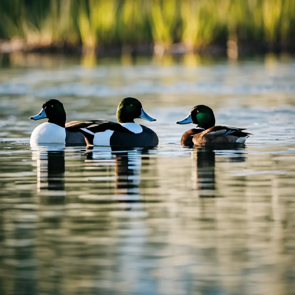 An image capturing the serene beauty of Illinois wetlands, showcasing a flock of Greater Scaup ducks gliding gracefully across the calm, reflective waters, their sleek black heads and striking white wings glistening in the sunlight