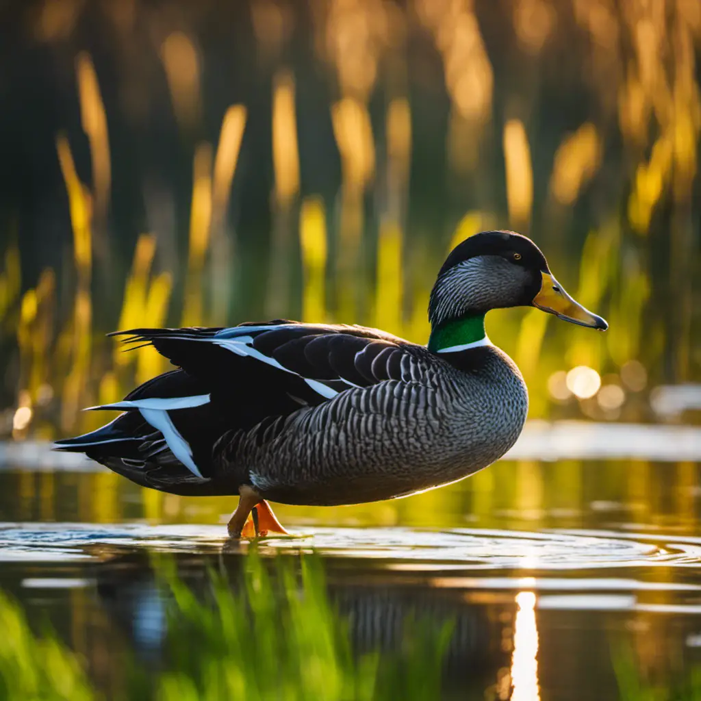 An image capturing the serene beauty of an American Black Duck gliding gracefully across the marshes of Illinois, surrounded by vibrant green reeds, with sunlight gently illuminating its elegant plumage