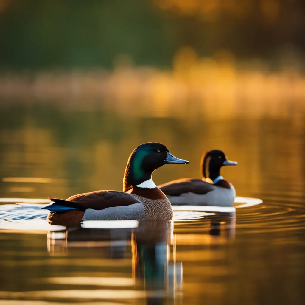 An image capturing the enchanting allure of Ruddy Ducks in Illinois: two elegant waterfowl gracefully gliding across a pristine pond, their vibrant chestnut plumage complemented by striking blue bills, as the golden sunset casts a warm glow upon the tranquil scene