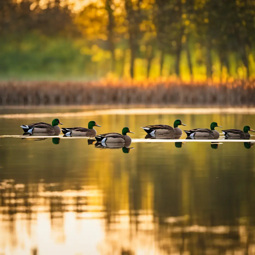 An image of a serene Illinois marshland at sunrise, with a flock of elegant Mallard ducks gliding gracefully upon calm waters, their iridescent green heads catching the first rays of golden sunlight