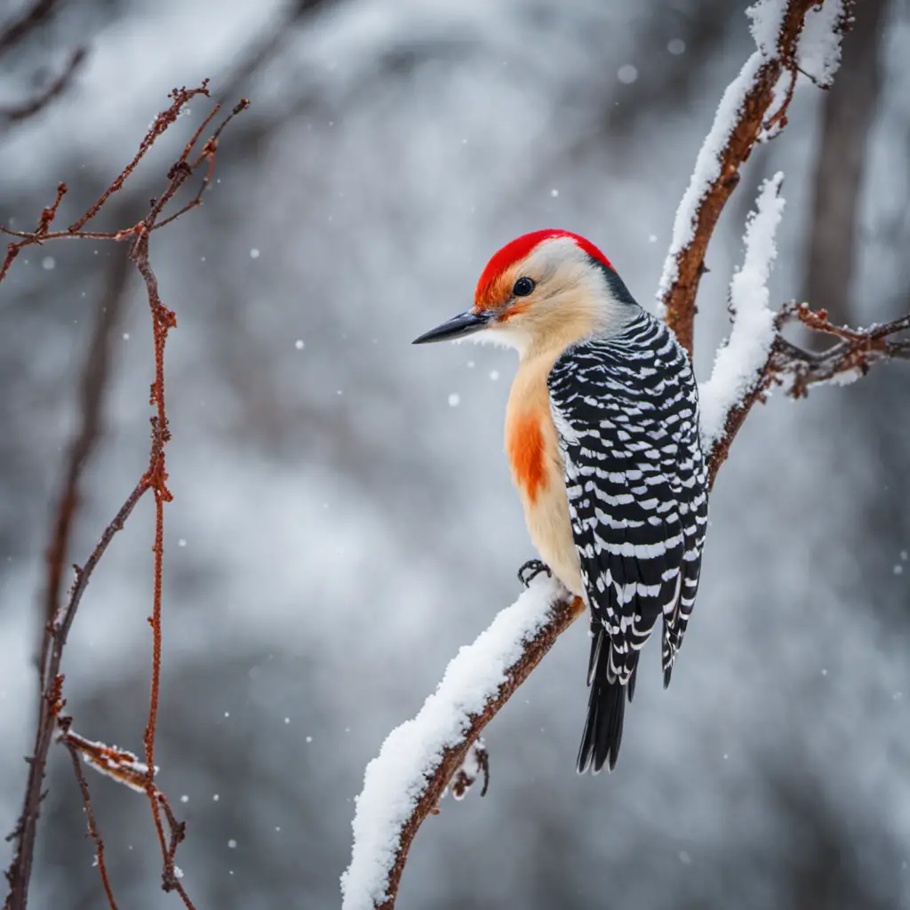 An image capturing the vibrant, crimson-capped Red-bellied Woodpecker perched on a snow-dusted tree branch, its gleaming black and white feathers contrasting against the wintry backdrop of an Illinois forest