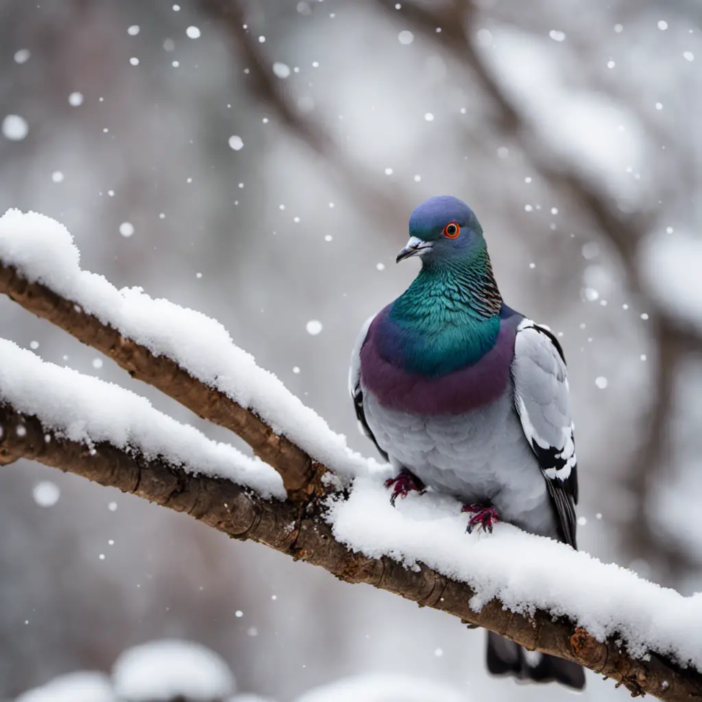 An image capturing the essence of Illinois winter as a Rock Pigeon perches on a snow-covered tree branch, its iridescent plumage contrasting against the white backdrop, while tiny snowflakes delicately fall from the sky
