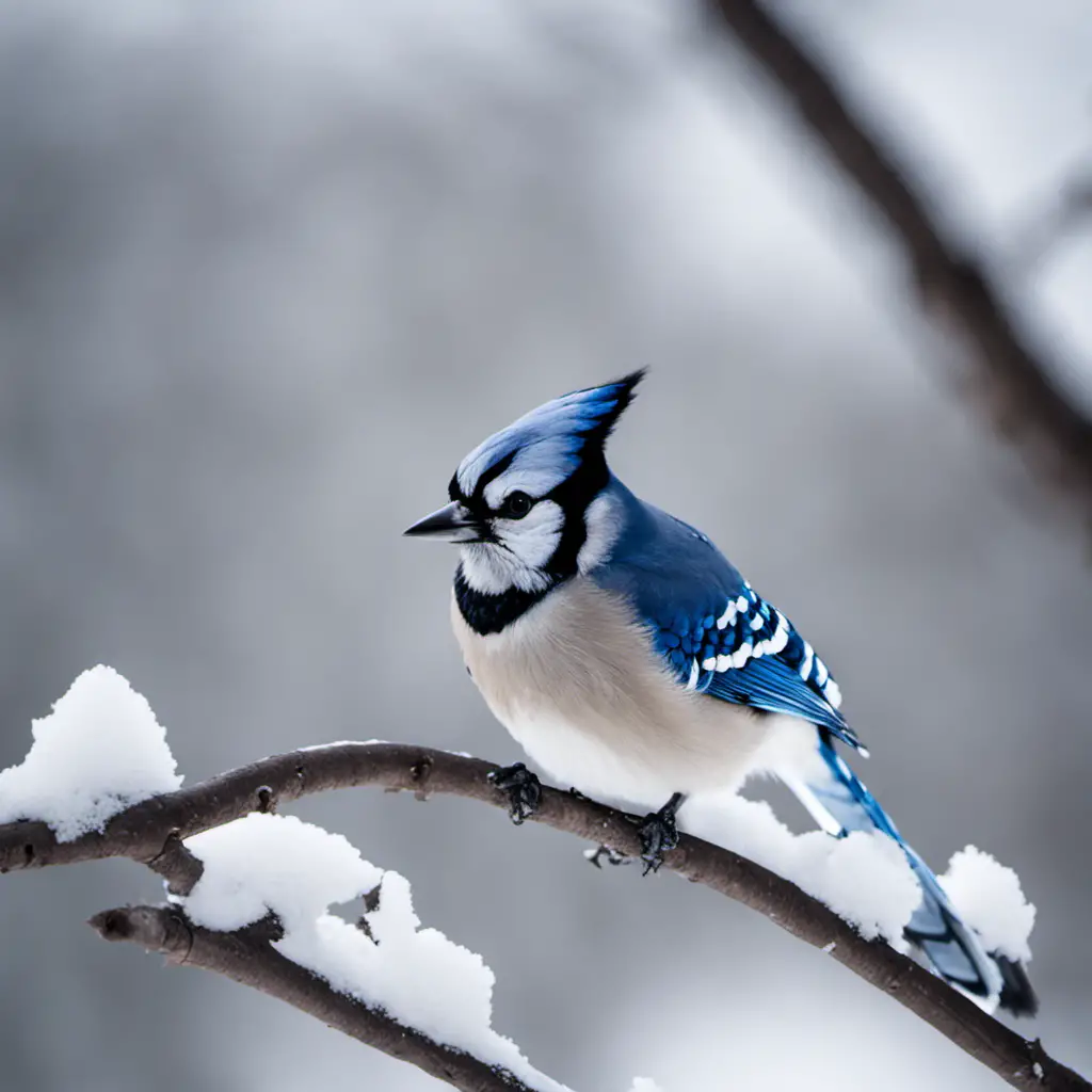 An image capturing an Illinois winter scene with a vibrant Blue Jay perched on a snow-covered branch, its striking blue plumage contrasting against the white landscape, exuding a sense of winter beauty and resilience