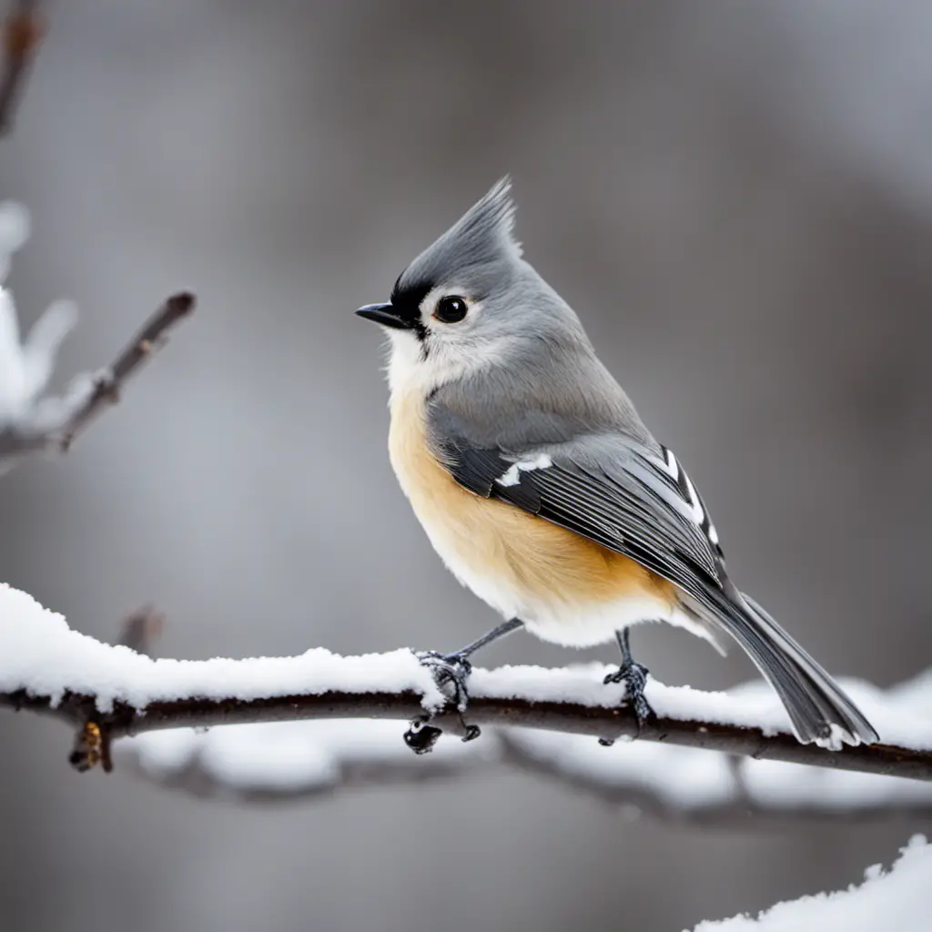 An image capturing the enchanting beauty of an Illinois winter scene, showcasing a lively Tufted Titmouse perched on a snow-covered branch, its fluffy crest and coal-black eyes contrasting against the serene snowy backdrop