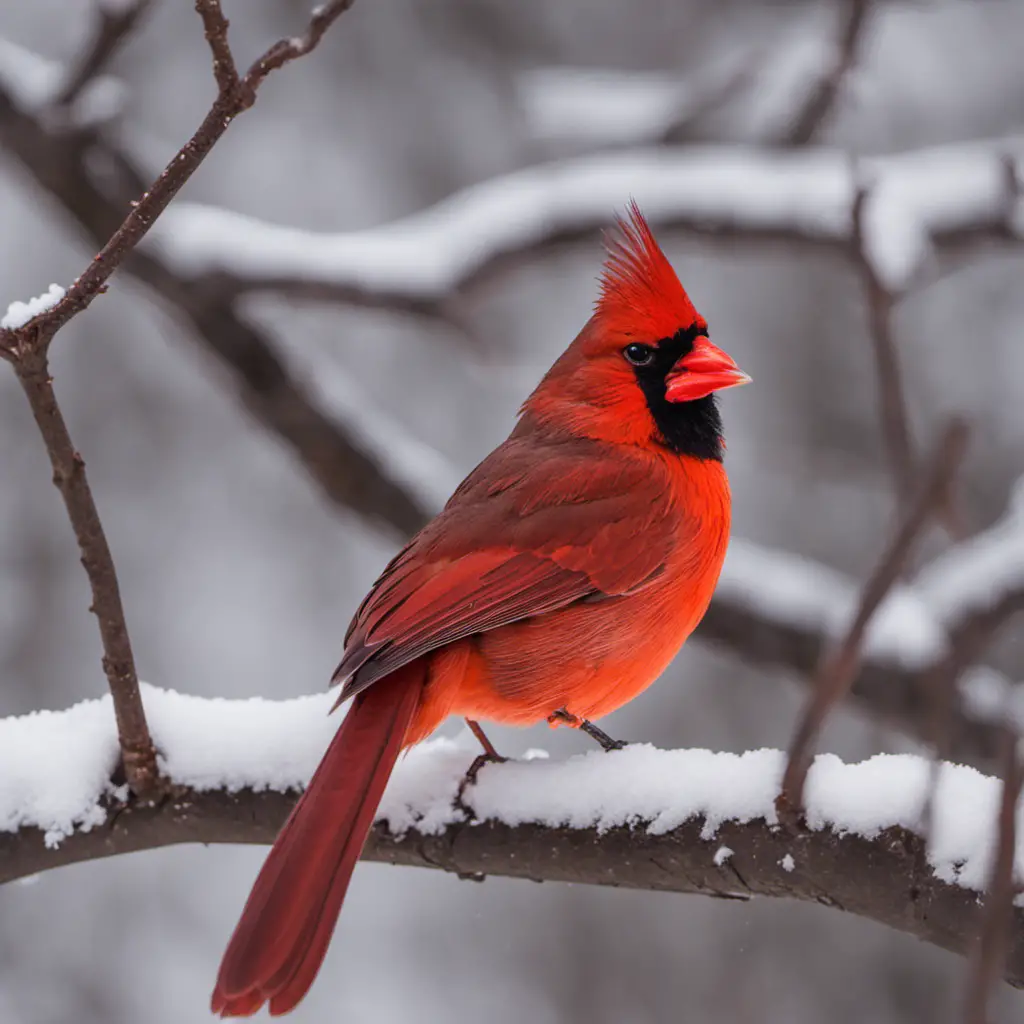 An image capturing the vibrant presence of a male Northern Cardinal amidst a wintry Illinois landscape