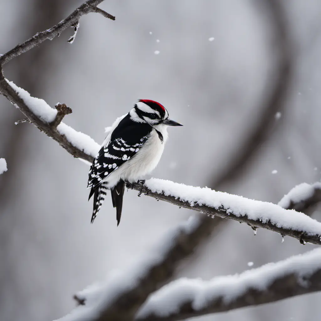 An image capturing the essence of an Illinois winter scene, with a solitary Downy Woodpecker perched on a snow-covered branch, its black and white feathers contrasting against the serene white backdrop