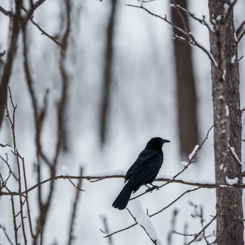 An image capturing the wintry scene of an Illinois forest, with snow-covered trees and a solitary American Crow perched on a bare branch, its glossy black feathers standing out against the white backdrop