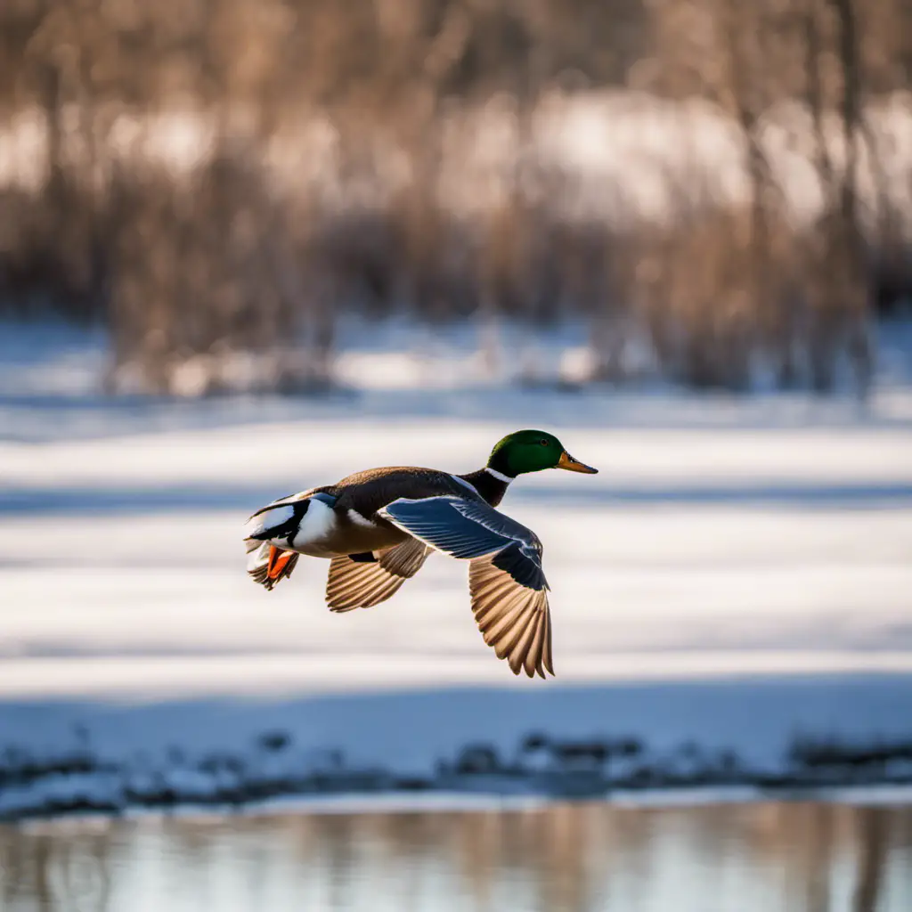 An image capturing the serene scene of a Mallard gliding gracefully across a partially frozen lake, surrounded by the barren winter landscape of Illinois, with snow-covered trees reflecting in the calm water