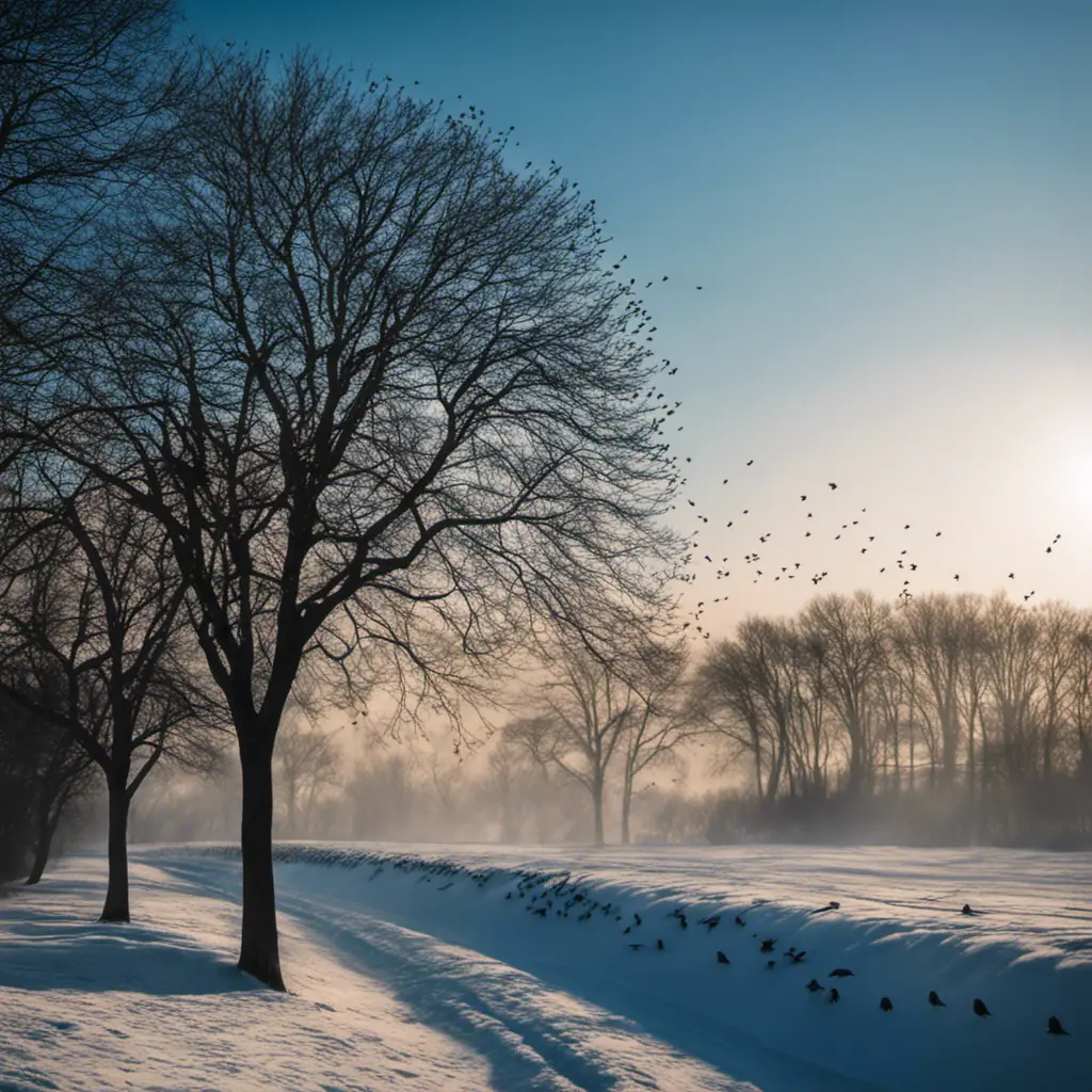 An image capturing the mesmerizing sight of a flock of European Starlings, their glossy black feathers contrasting against the winter landscape, as they descend upon a tree in Illinois, filling the air with their ebullient calls
