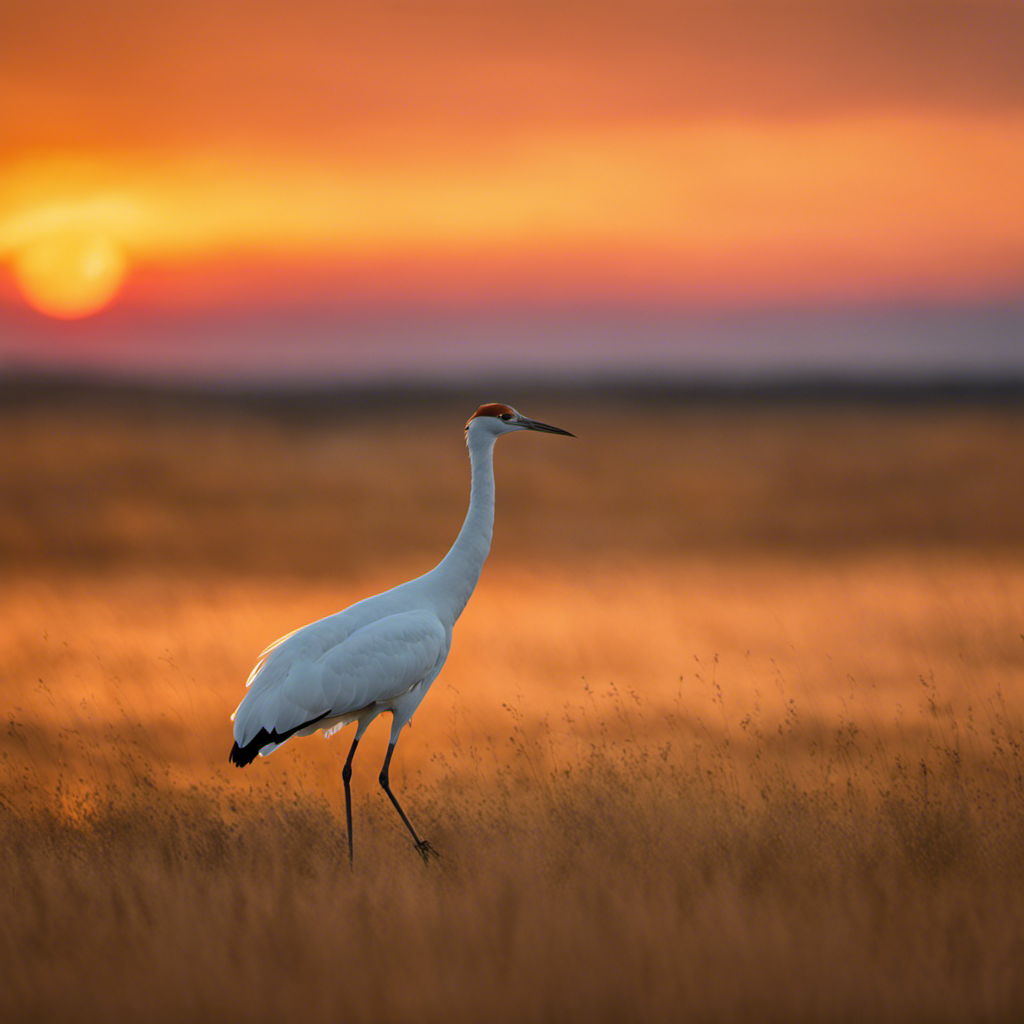 the awe-inspiring sight of Texas's majestic avian residents in a single frame: a soaring Whooping Crane gracefully navigating the vast prairie skies, its magnificent wings outstretched against a vibrant sunset backdrop