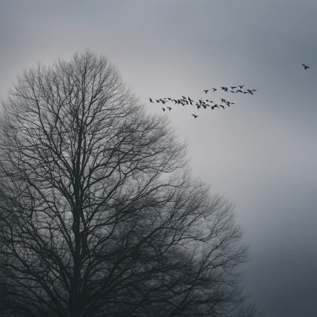 An image of a misty morning scene with a flock of gray birds perched on bare branches, their feathers blending seamlessly with the overcast sky, evoking a sense of tranquility and mystery