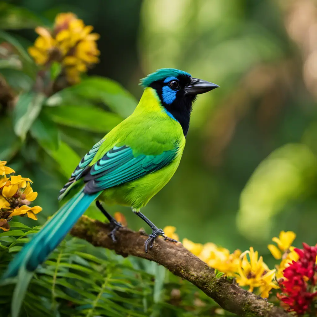 An image capturing the vibrant beauty of the Green Jay, with its emerald green plumage shining in the sunlight, contrasting against a lush, tropical backdrop filled with verdant leaves and colorful flowers