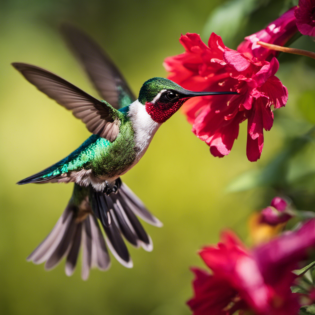 An image capturing the vibrant emerald feathers of a Ruby-throated Hummingbird, its iridescent plumage glistening in the sunlight as it hovers mid-air, delicately sipping nectar from a vibrant red flower