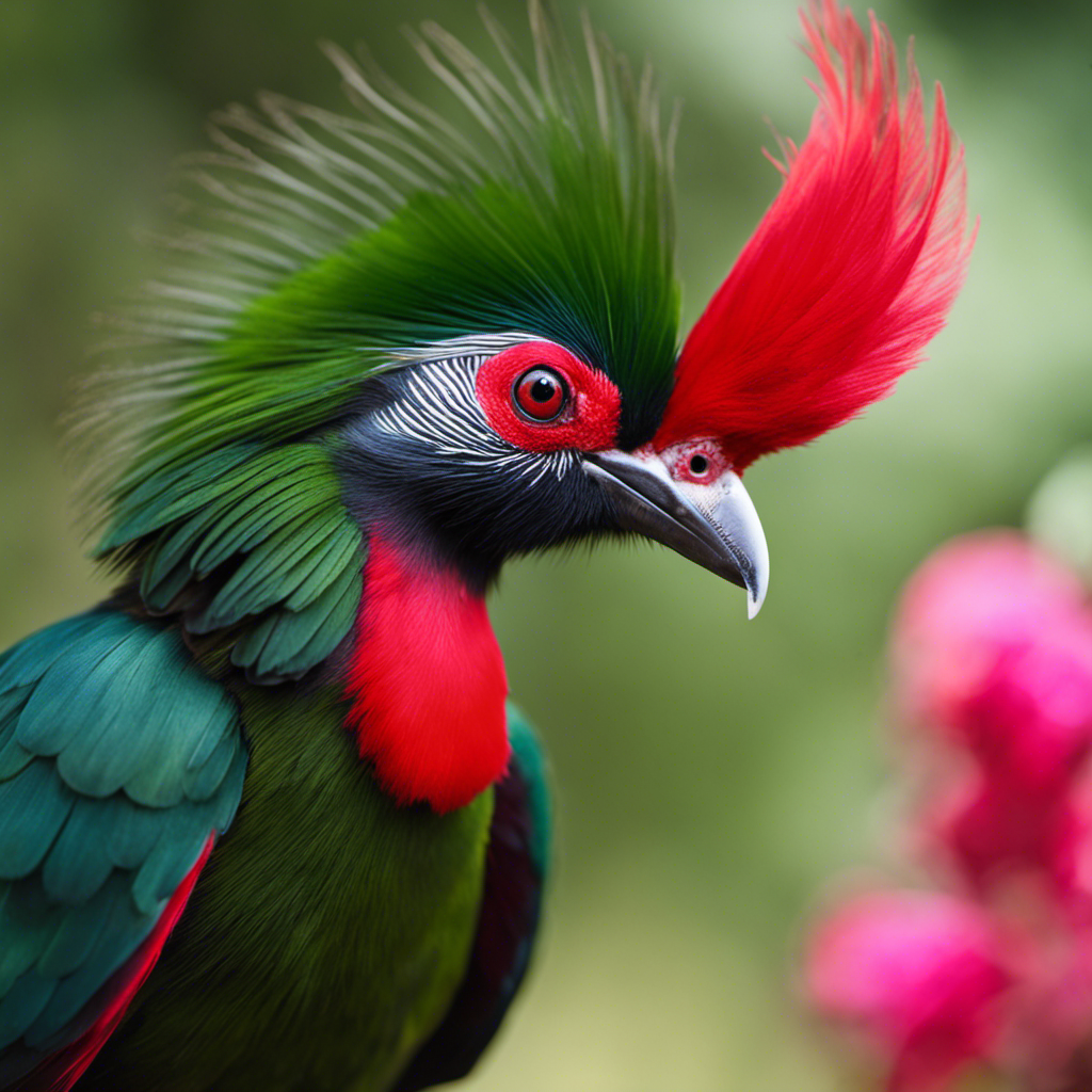 An image showcasing the vibrant beauty of Guinea Turacos, displaying their emerald-green plumage with contrasting crimson wing feathers