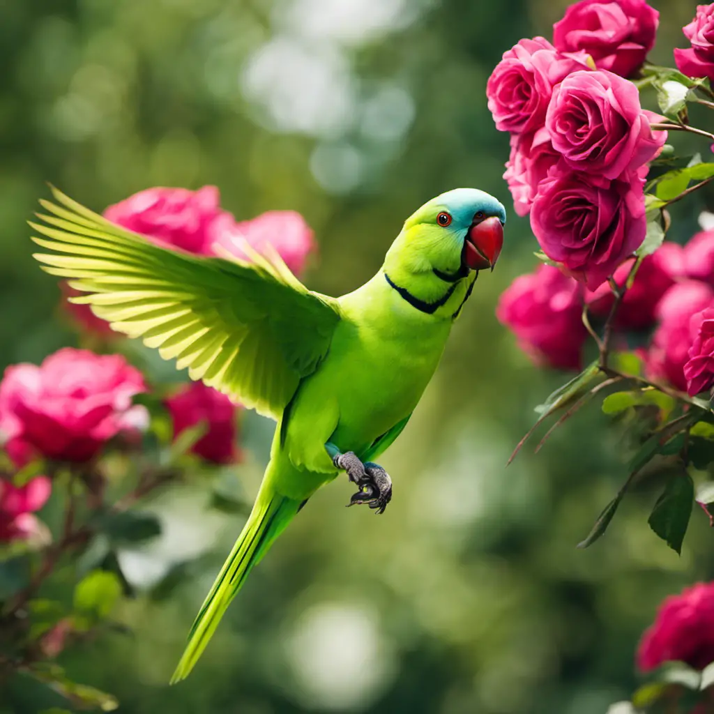 An image capturing the vibrant beauty of a Rose-ringed Parakeet in flight, its emerald-green feathers shimmering under the sunlight, with a backdrop of lush foliage, showcasing the most common green bird species