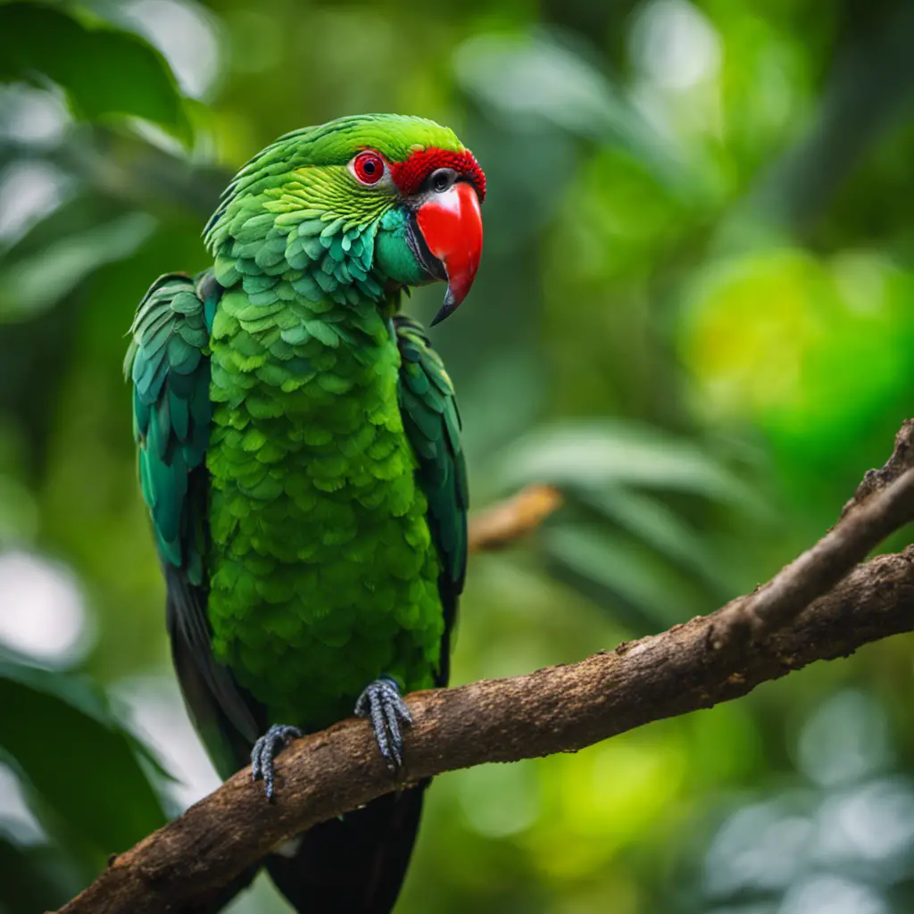 An image showcasing the vibrant beauty of the Red-Lored Amazon, focusing on its emerald green plumage with contrasting red forehead and lore