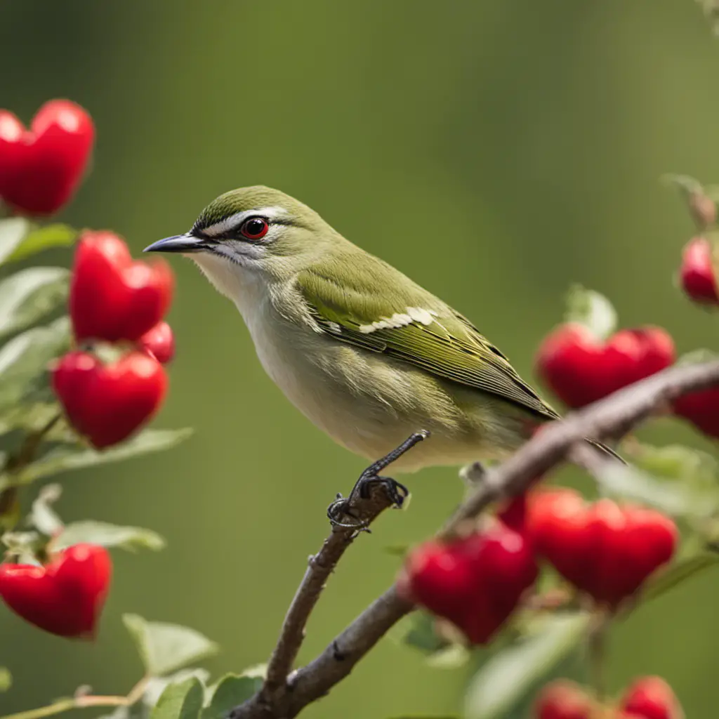 An image showcasing the vibrant Red-eyed Vireo: a small, olive-green bird with a black crown, white spectacles, and a distinct red eye
