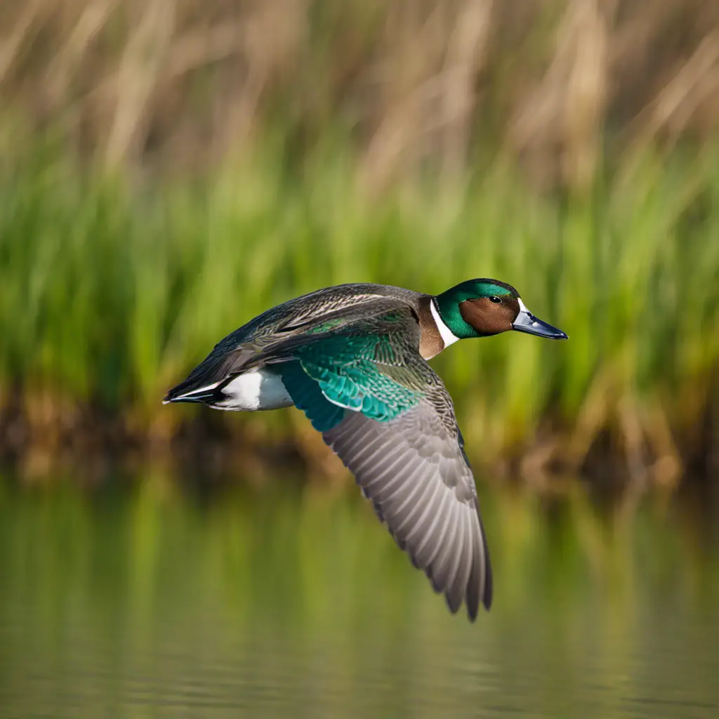 An image capturing the vibrant beauty of a male Green-winged Teal in flight, showcasing its iridescent green head, yellowish-green eye patch, white stripe, and striking green wing patch against a serene wetland backdrop