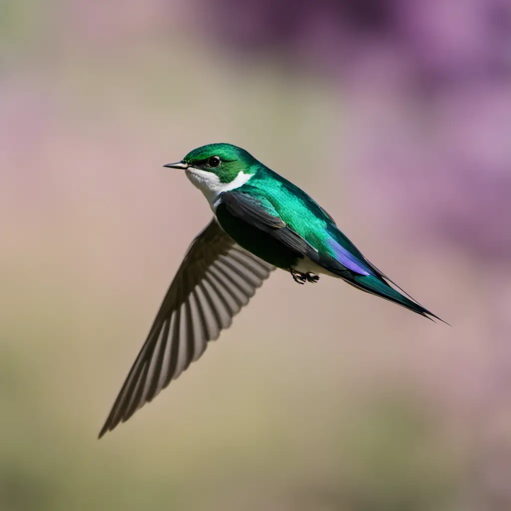 An image capturing the captivating beauty of a Violet-green Swallow in flight