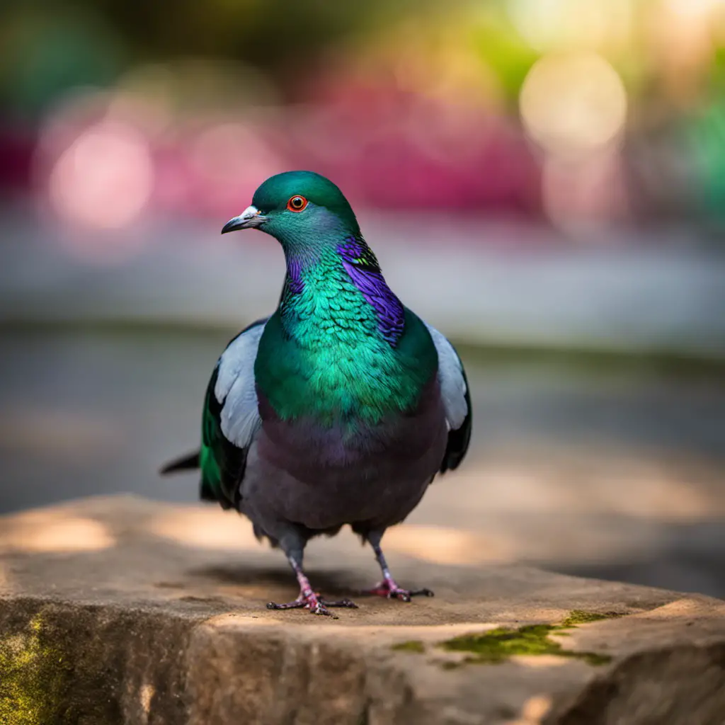 An image capturing the vibrant emerald plumage of the Rock Pigeon, showcasing its iridescent green feathers shimmering against a contrasting background, symbolizing the most prevalent green bird species in urban environments