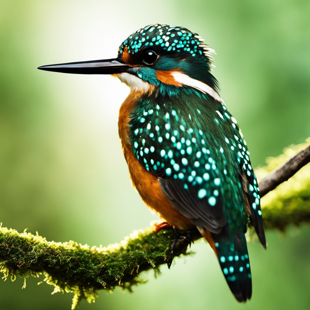 An image of a vibrant, emerald-green Green Kingfisher perched on a moss-covered branch, its sleek body glistening in the sunlight as it scans the tranquil waters below, ready to dive with exceptional precision