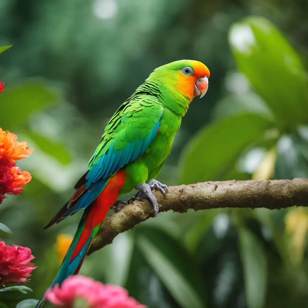 An image showcasing the vibrant plumage of the Princess Parrot, with its emerald green body and turquoise wings, perched on a branch amidst a lush rainforest backdrop, surrounded by tropical flowers