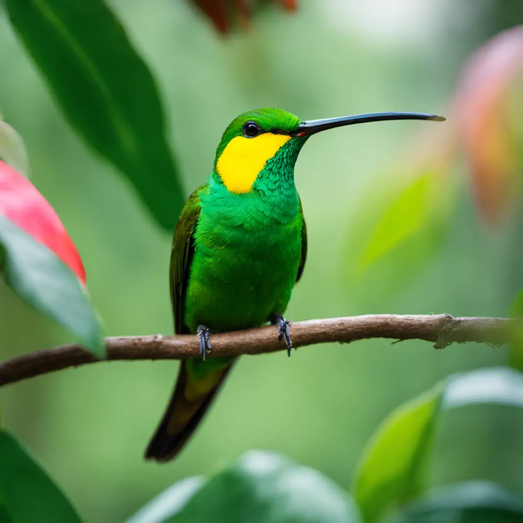  the vibrant essence of the Green-Breasted Mango, showcasing its emerald plumage with a striking contrast against a lush backdrop of tropical foliage