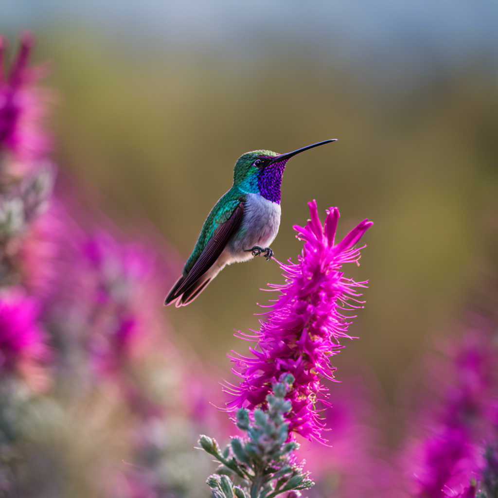 An image showcasing the striking Costa's Hummingbird, perched on a vibrant fuchsia desert sage flower