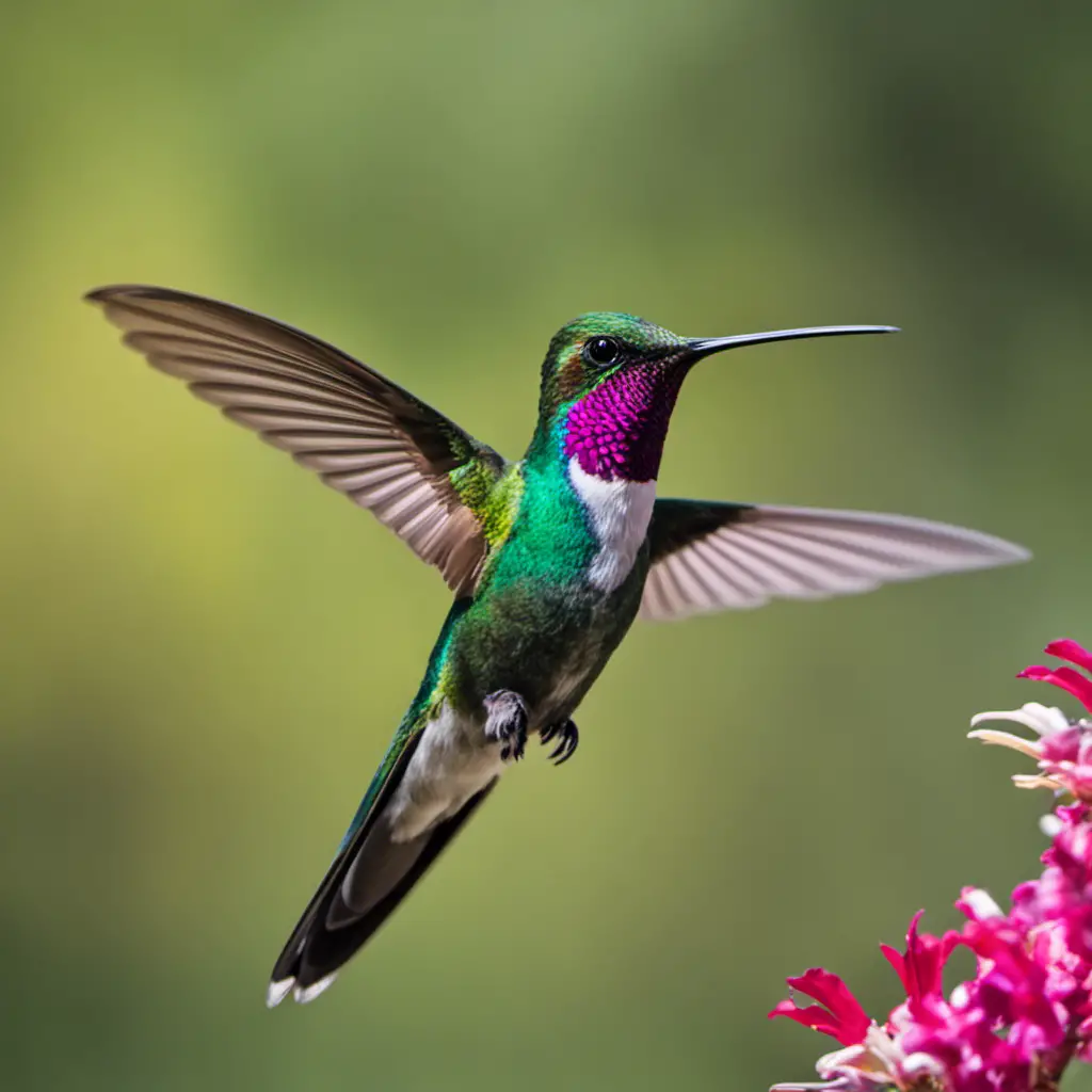 An image capturing the exquisite beauty of a male Broad-tailed Hummingbird in California, showcasing its iridescent green throat, long slender bill, and distinctive broad tail feathers extended gracefully in mid-flight