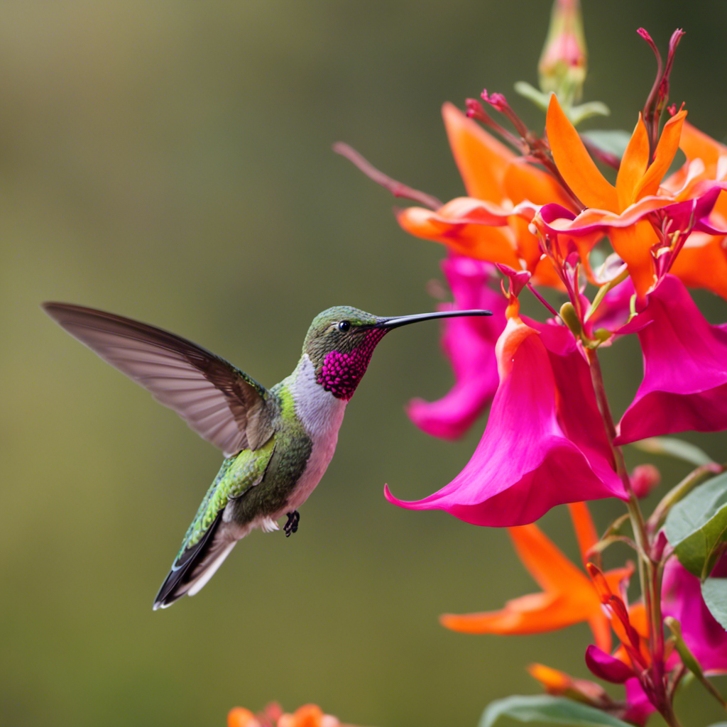 An image capturing the vibrant diversity of California's hummingbirds: a delicate Anna's hummingbird perched on a vibrant fuchsia blossom, while a graceful Allen's hummingbird hovers mid-air, sipping nectar from an orange trumpet vine