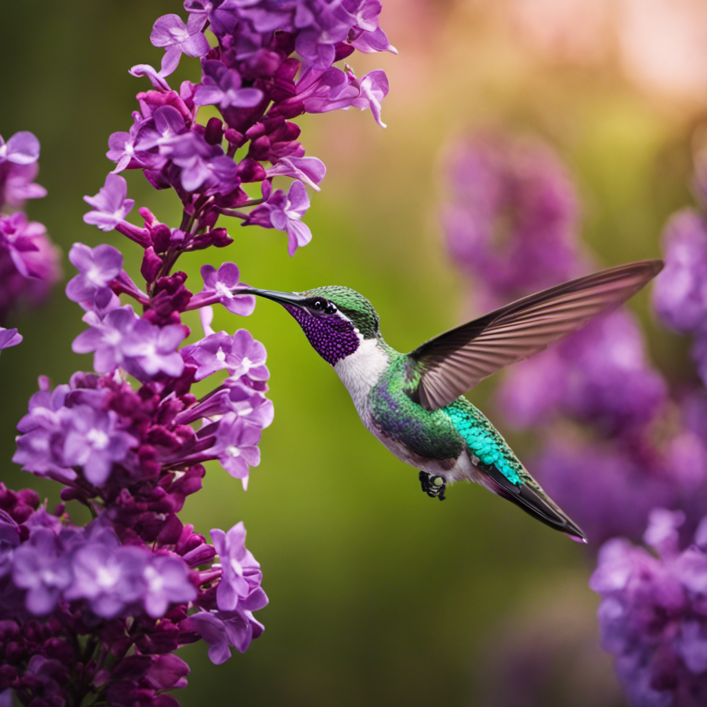 An image capturing the striking beauty of a Violet-crowned Hummingbird perched delicately on a blooming California lilac, surrounded by vibrant purple petals and shimmering emerald leaves