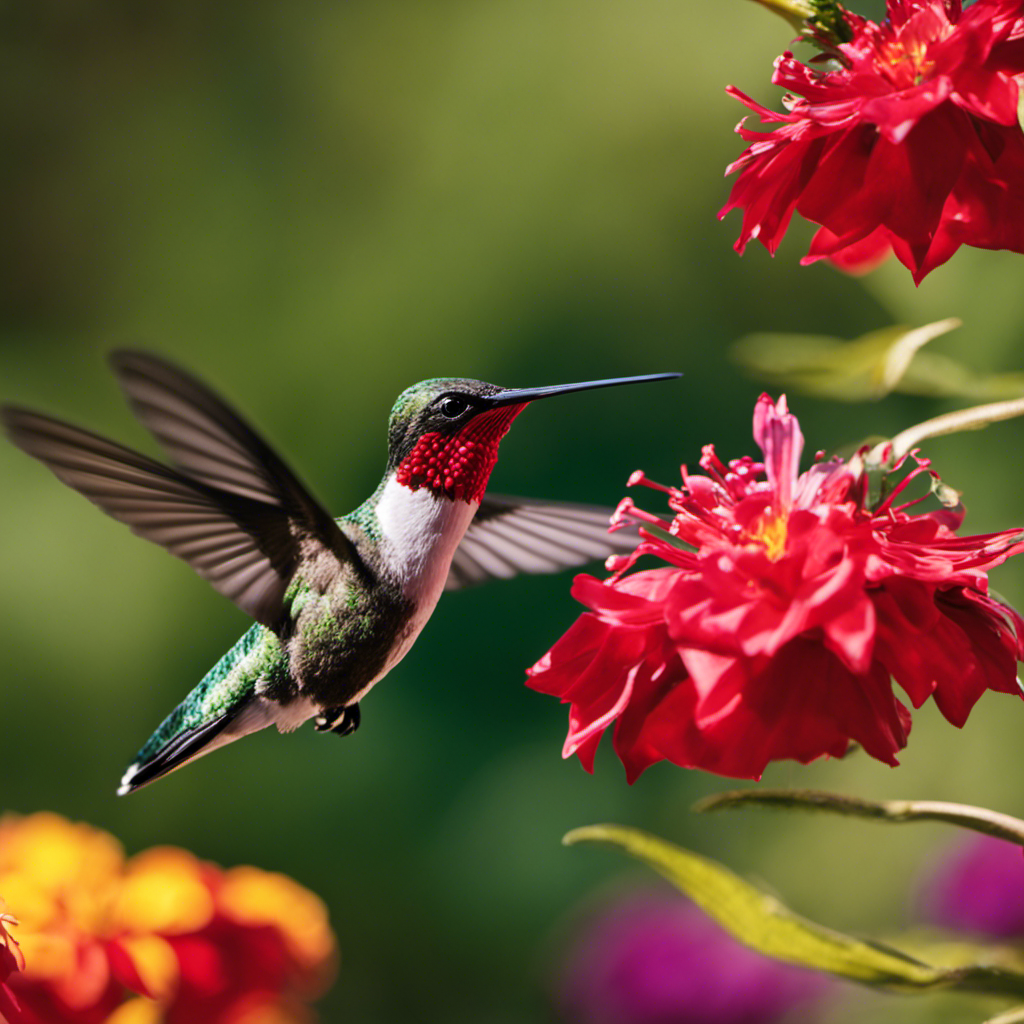 An image showcasing the vibrant Ruby-throated Hummingbird, featuring its iridescent emerald-green feathers gleaming in the sunlight, its slender curved beak delicately sipping nectar from a vibrant red flower, against a backdrop of lush Californian foliage