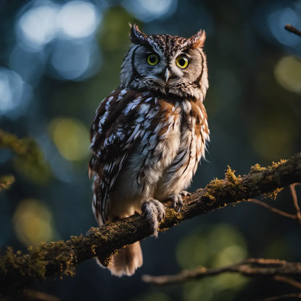 An image capturing the mesmerizing essence of the Whiskered screech-owl in Ohio: a petite, nocturnal creature with prominent facial whiskers, perched on a gnarled branch amidst a moonlit forest backdrop
