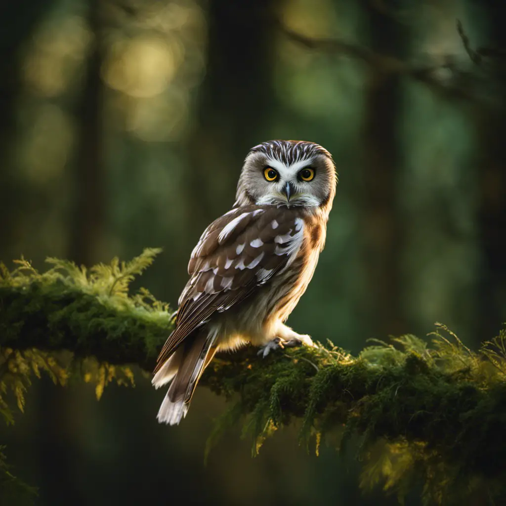 An image capturing the ethereal beauty of a Northern Saw-Whet Owl perched on a moss-covered branch in the dense forests of Ohio, illuminated by a soft moonlight filtering through the foliage