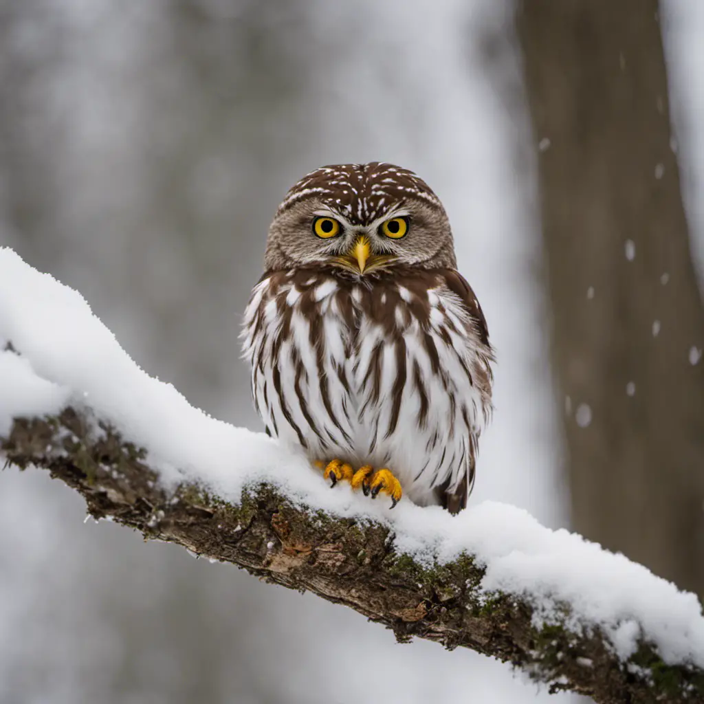 An image capturing the ethereal beauty of a Northern Pygmy-Owl perched on a snow-dusted branch in the dense Ohio woodlands