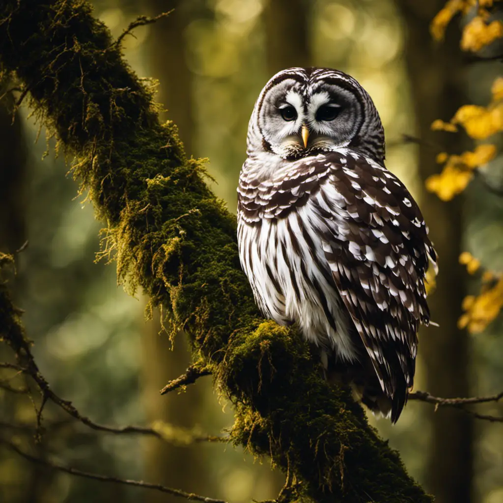 An image showcasing a majestic Barred Owl in Ohio's lush forests, perched regally on a moss-covered branch