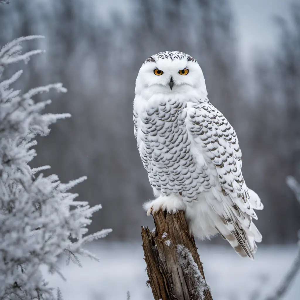 An image capturing the serene wintry landscape of Ohio, with a magnificent Snowy Owl perched atop a frost-covered branch, its pure white feathers blending harmoniously with the snowy surroundings