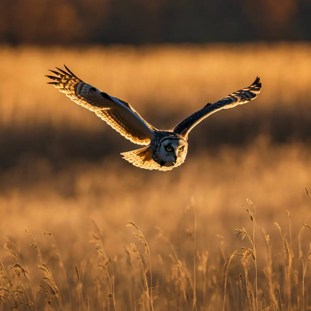 An image capturing the enigmatic essence of the Short-eared owl in Ohio: a dusk-lit silhouette of this majestic bird gracefully gliding above a golden field, its distinctive facial disc and striking yellow eyes illuminated by the setting sun