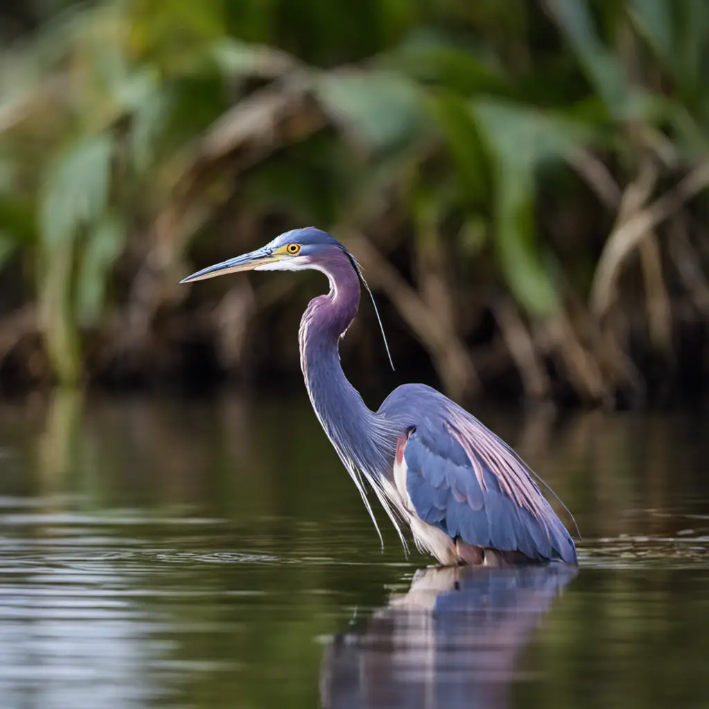  the elegant essence of Florida's Tricolored Heron as it gracefully wades through the shallow waters, showcasing its striking pink plumage, slender neck, and sharp beak