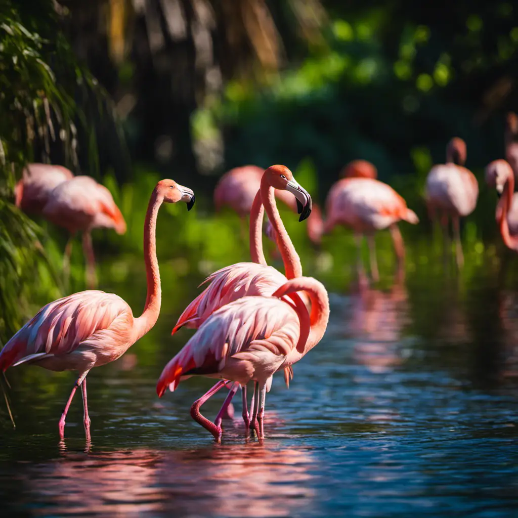 An image capturing the vibrant elegance of Florida's flamingos, gracefully wading in shallow waters amidst lush greenery