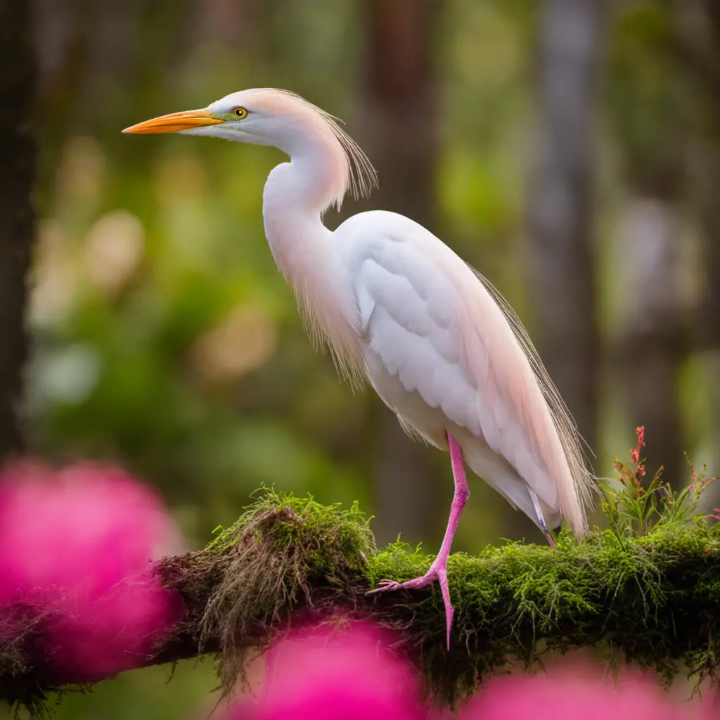 An image capturing the vibrant scene of a Cattle Egret gracefully perched on a moss-covered cypress branch, amidst a lush wetland backdrop in Florida, surrounded by vibrant pink flamingos