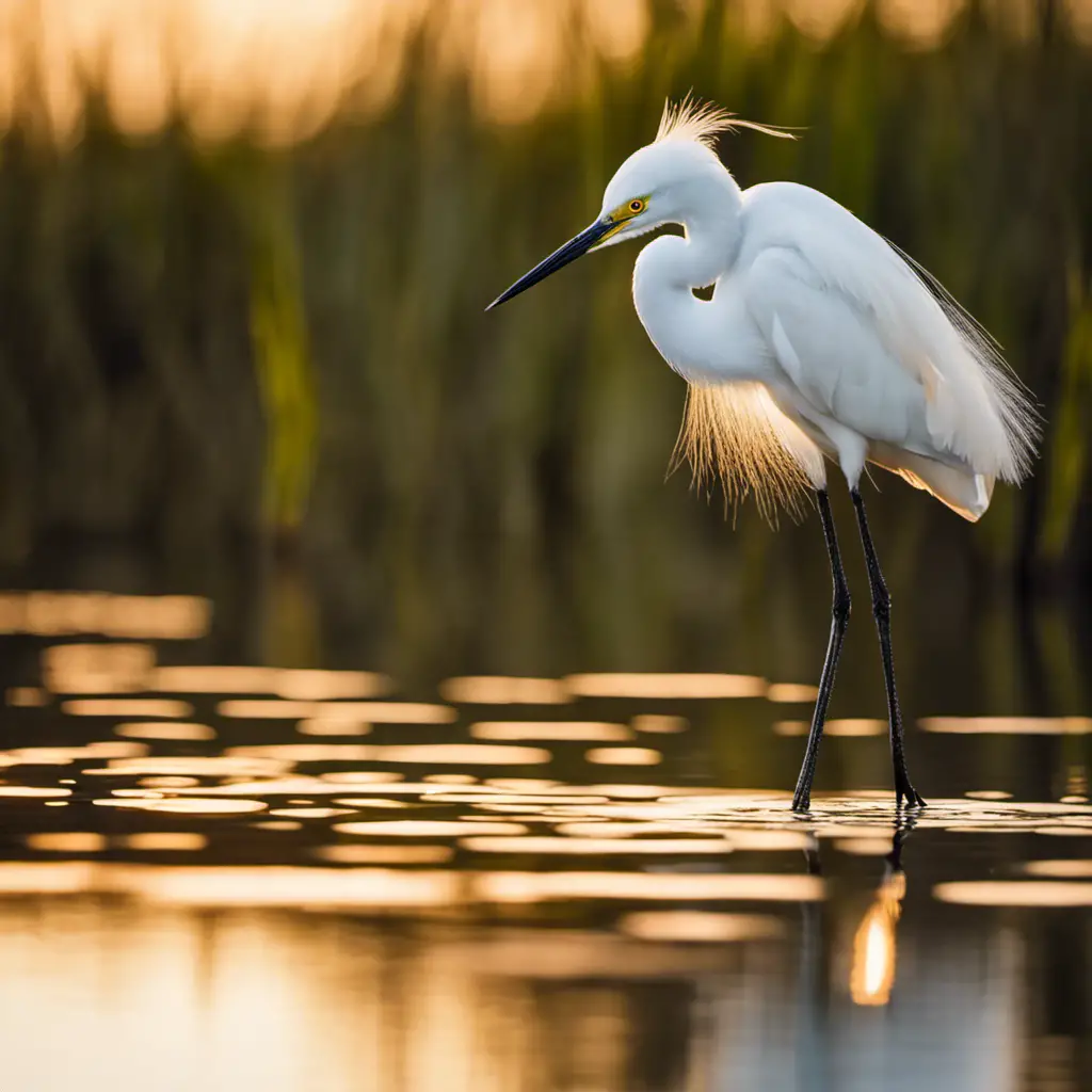 An image capturing the ethereal elegance of a Snowy Egret in its natural habitat, adorned in delicate plumage, its slender silhouette gracefully wading through the tranquil marshes of Florida, bathed in the warm glow of the setting sun