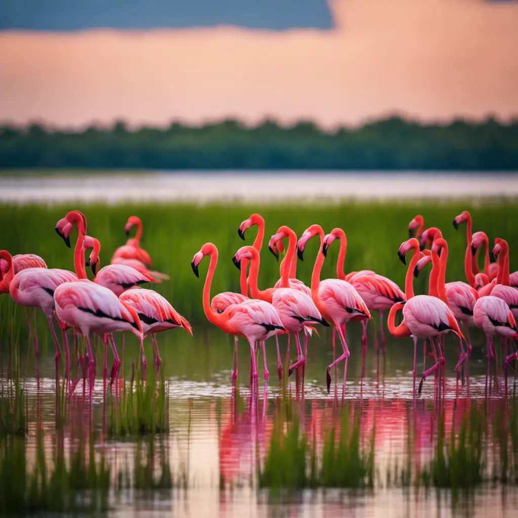 An image capturing the breathtaking sight of a flock of striking flamingos wading gracefully in the serene marshes of Florida, their vibrant pink plumage contrasting against the lush greenery and shimmering blue waters